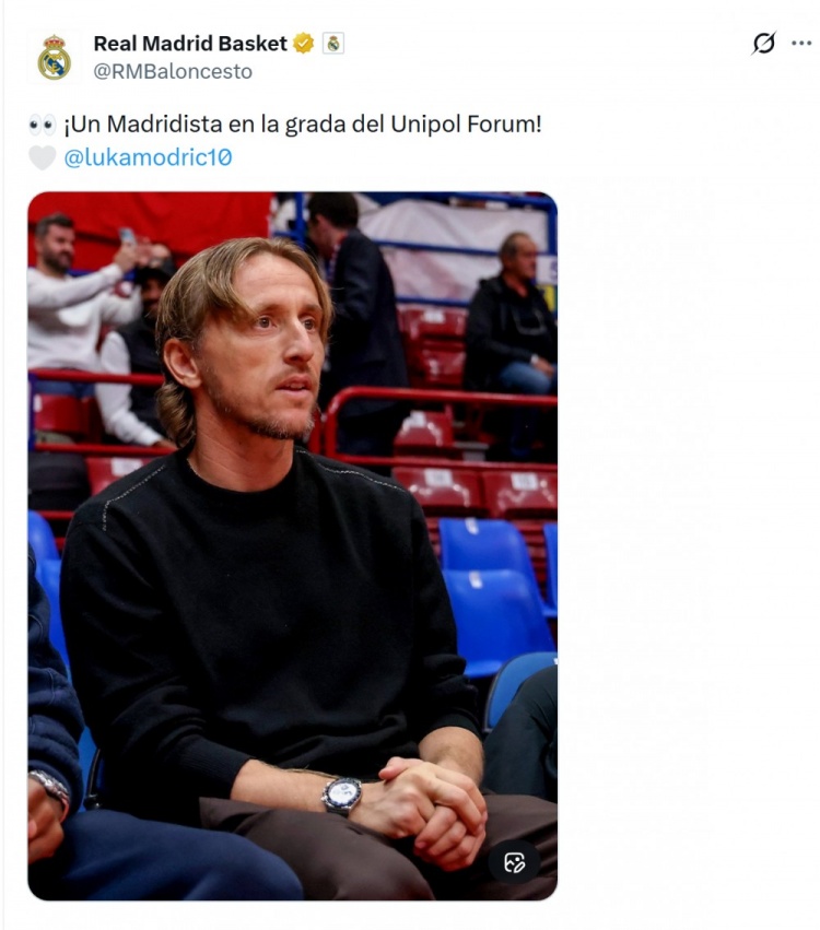 莫德里奇观看皇马客战米兰奥林匹亚篮球比赛,皇马社媒晒照封面