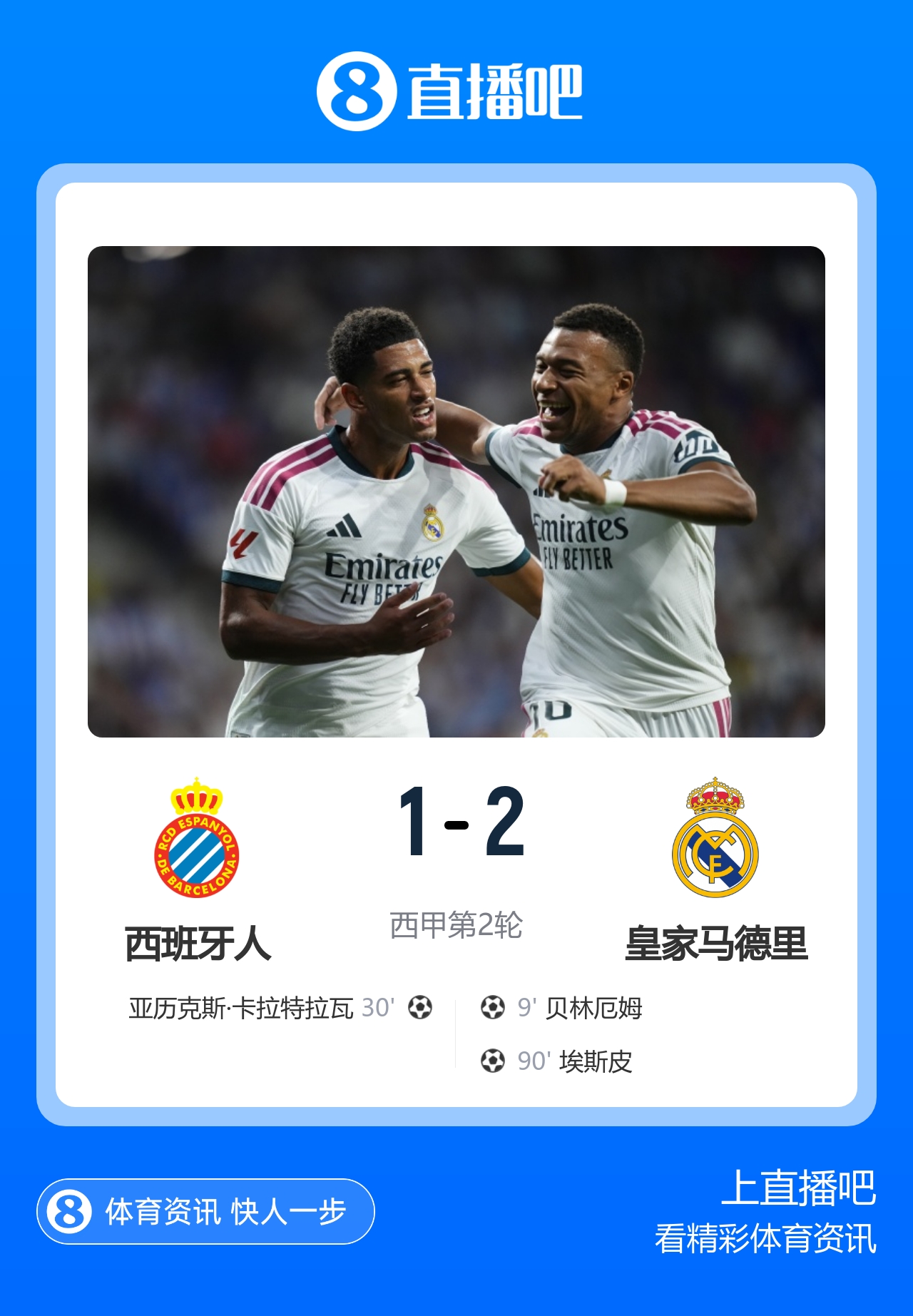 开门红！皇马2-1西班牙人 埃斯皮替补90分钟绝杀贝林厄姆破门封面