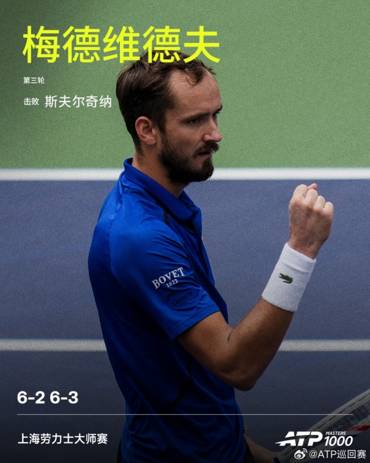 梅德韦杰夫2-0战胜斯夫尔奇纳，晋级ATP上海大师赛男单16强封面