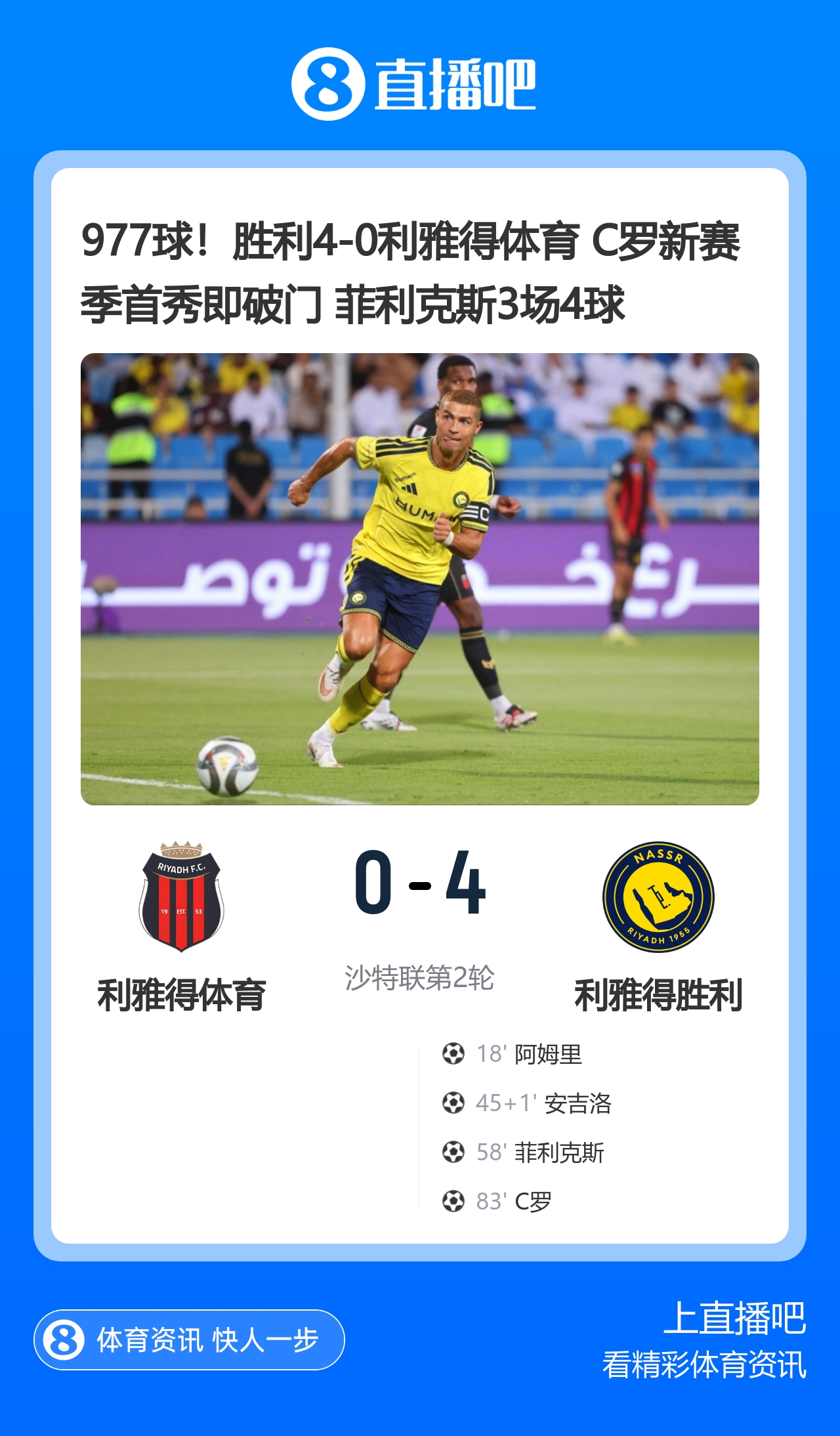 977球!胜利4-0利雅得体育 C罗新赛季首秀即破门 菲利克斯3场4球封面