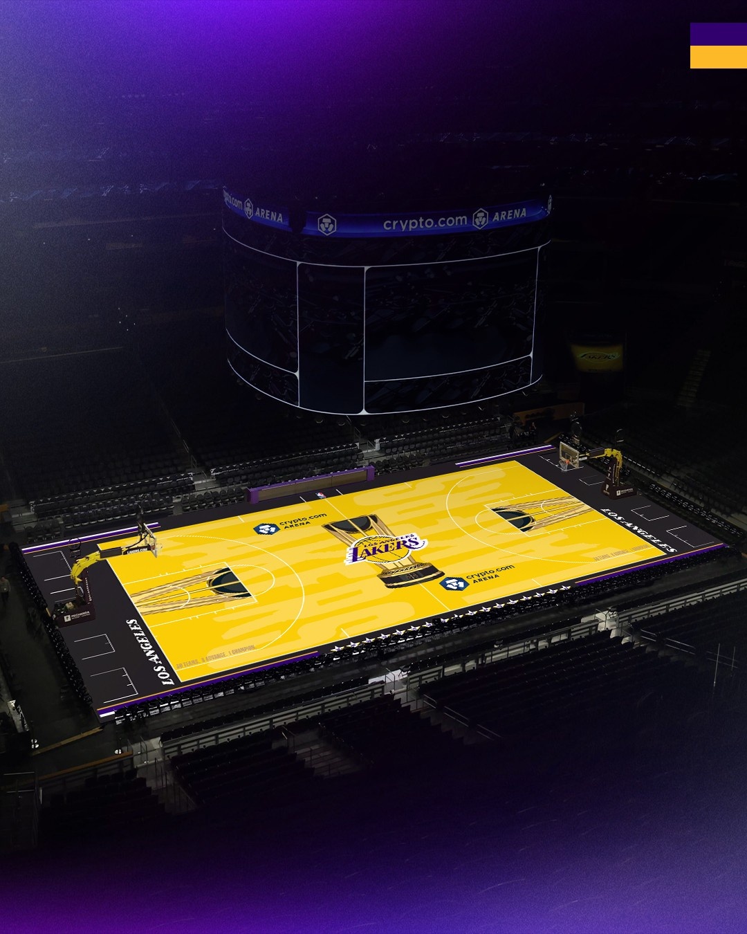 这配色方案如何?湖人官方公布2026年NBA杯专属球场地板设计封面