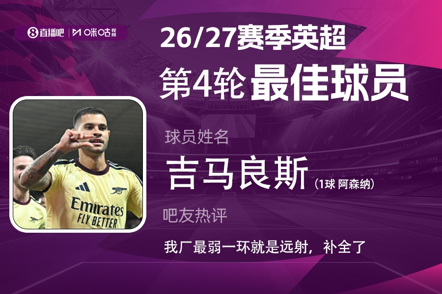直播吧X咪咕体育|英超第4轮MVP：吉马良斯轰世界波当选！封面