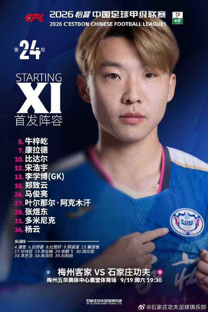 🔵⚪️石家庄功夫客场挑战梅州客家首发名单封面