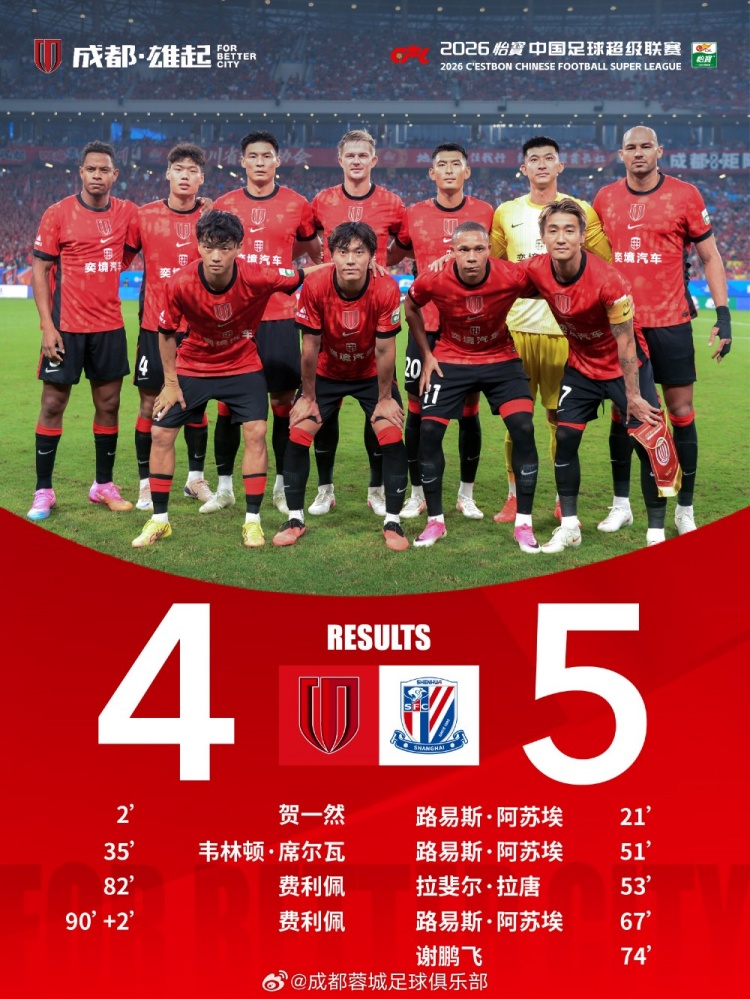 成都蓉城4-5惜败于上海申花封面