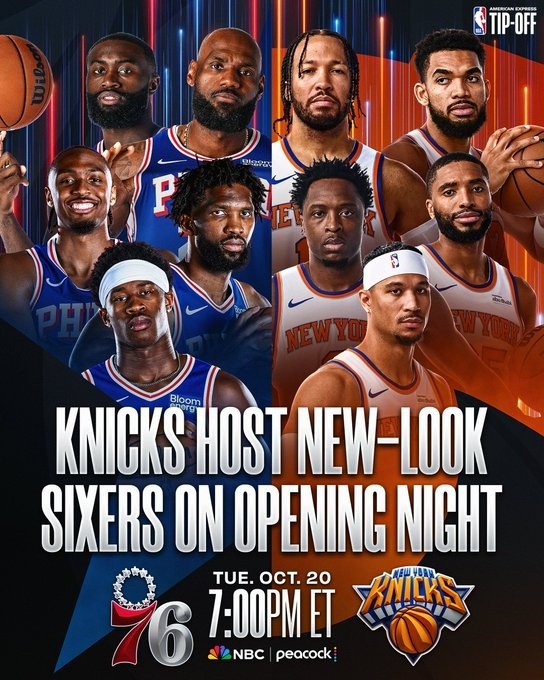 开始预热！NBA官推发布揭幕战海报：76人五星VS尼克斯冠军首发封面