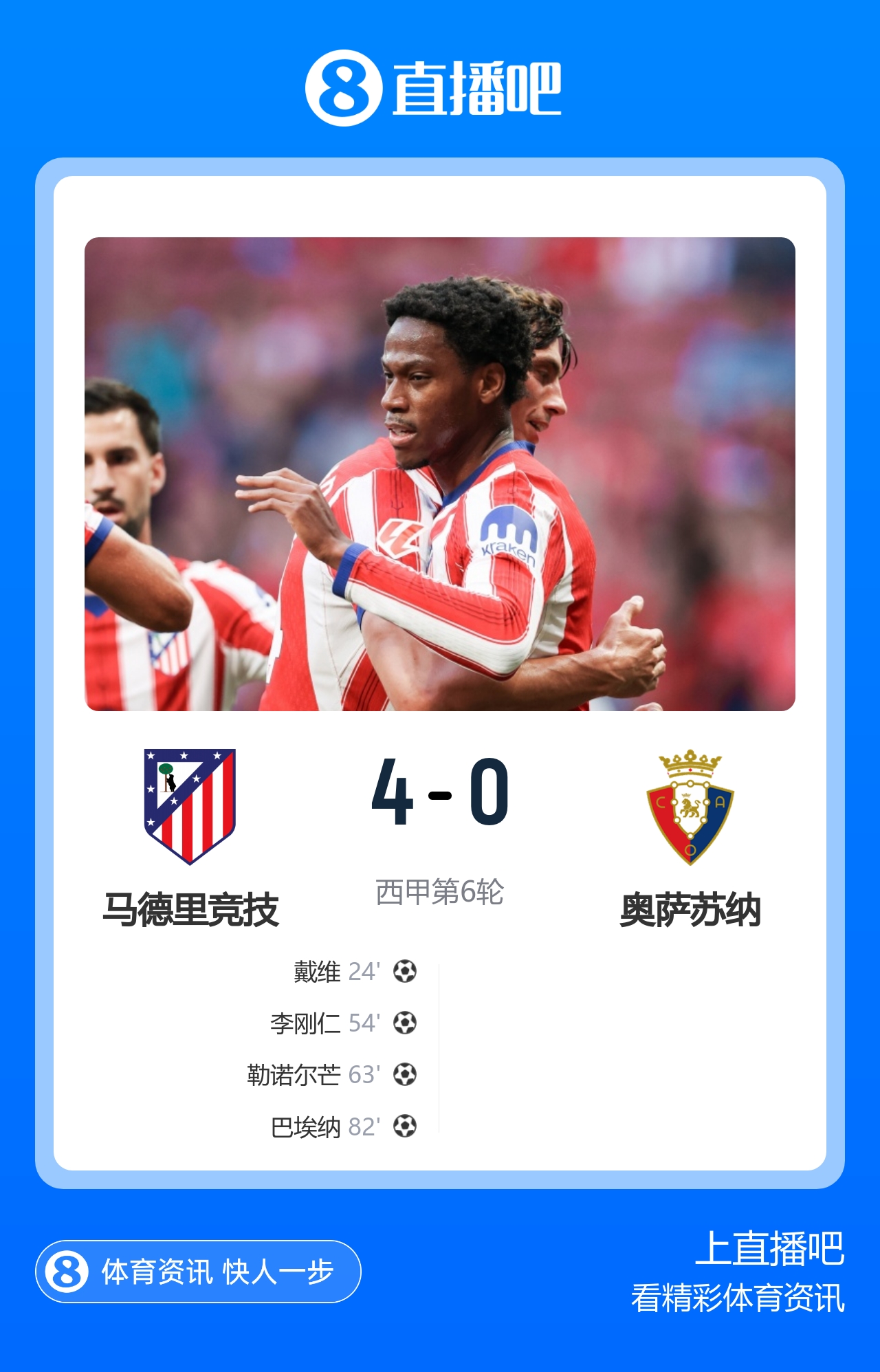 两连胜!马竞4-0奥萨苏纳 戴维传射+连场破门李刚仁巴埃纳建功封面
