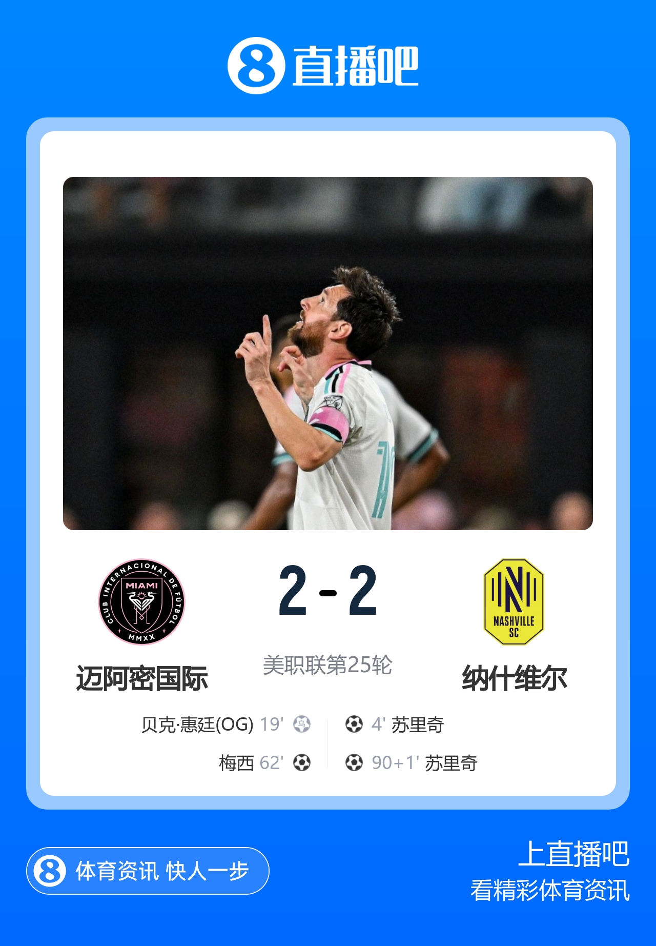 3连平!迈阿密国际2-2遭纳什维尔绝平 梅西世界波+造乌龙+2中框封面