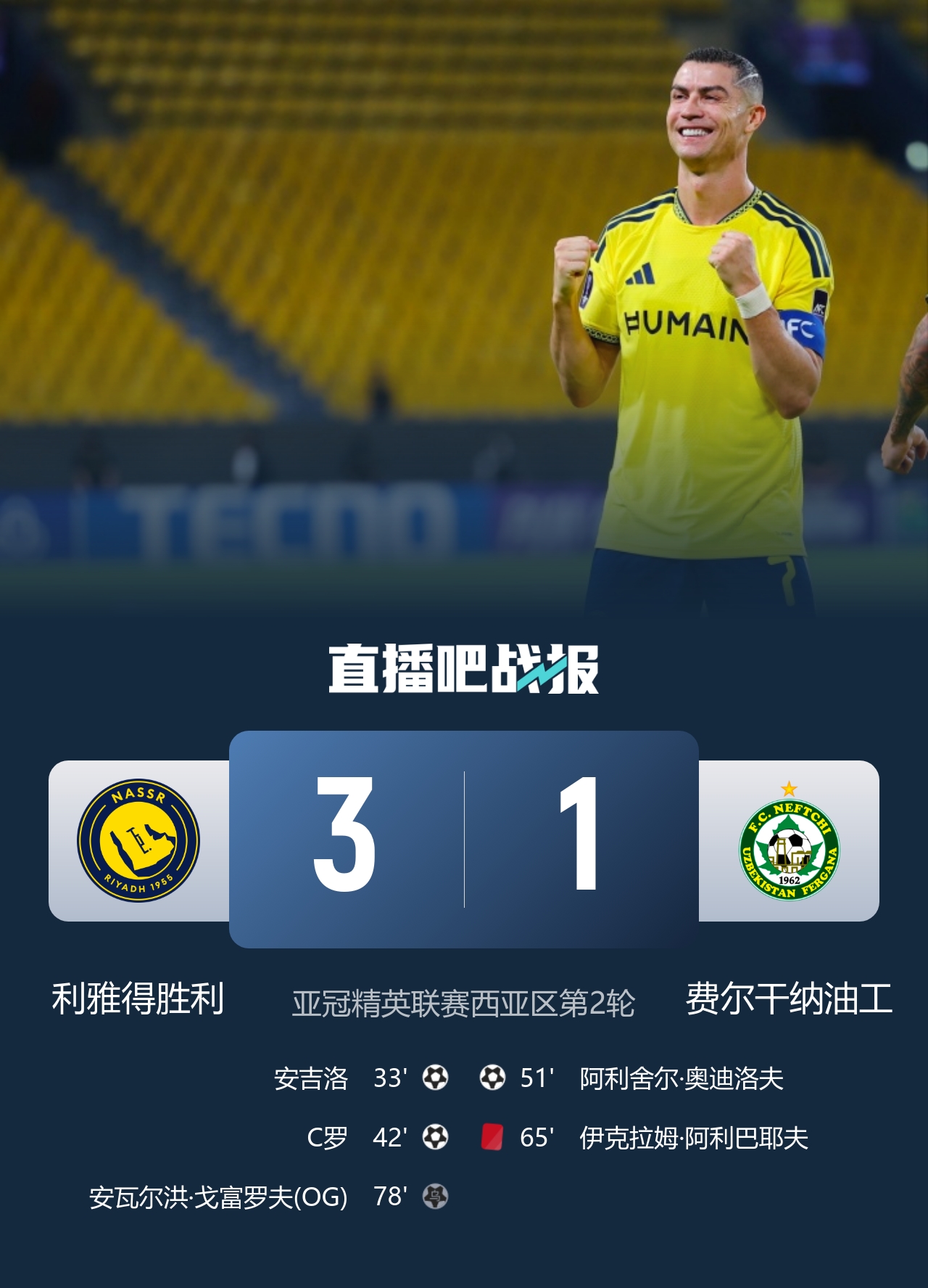 C罗凌空斩+981球！胜利3-1十人费尔干纳油工 马宁共出1红4黄封面