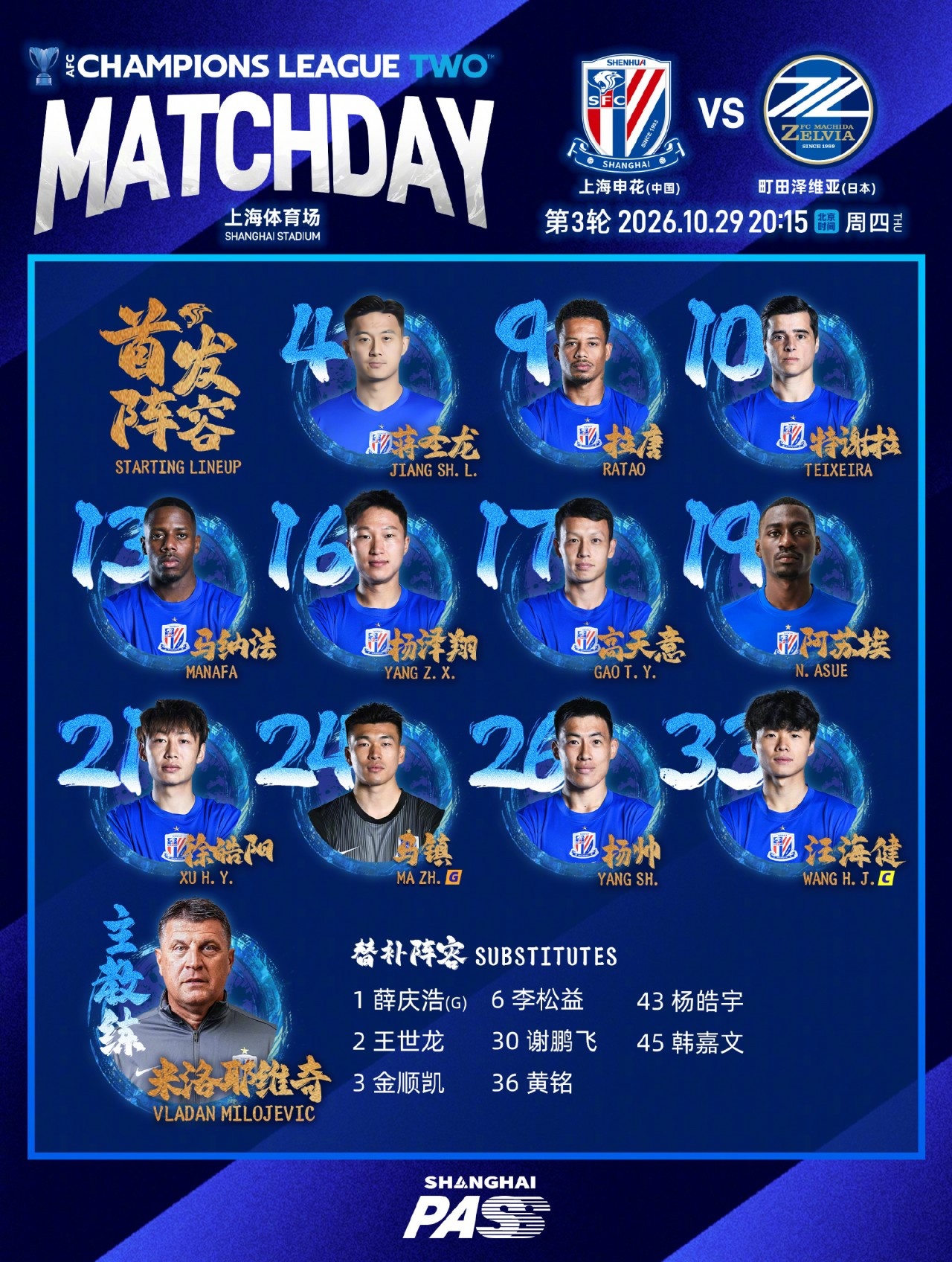 2026/27亚冠二级联赛第3轮 上海申花VS町田泽维亚 首发名单封面