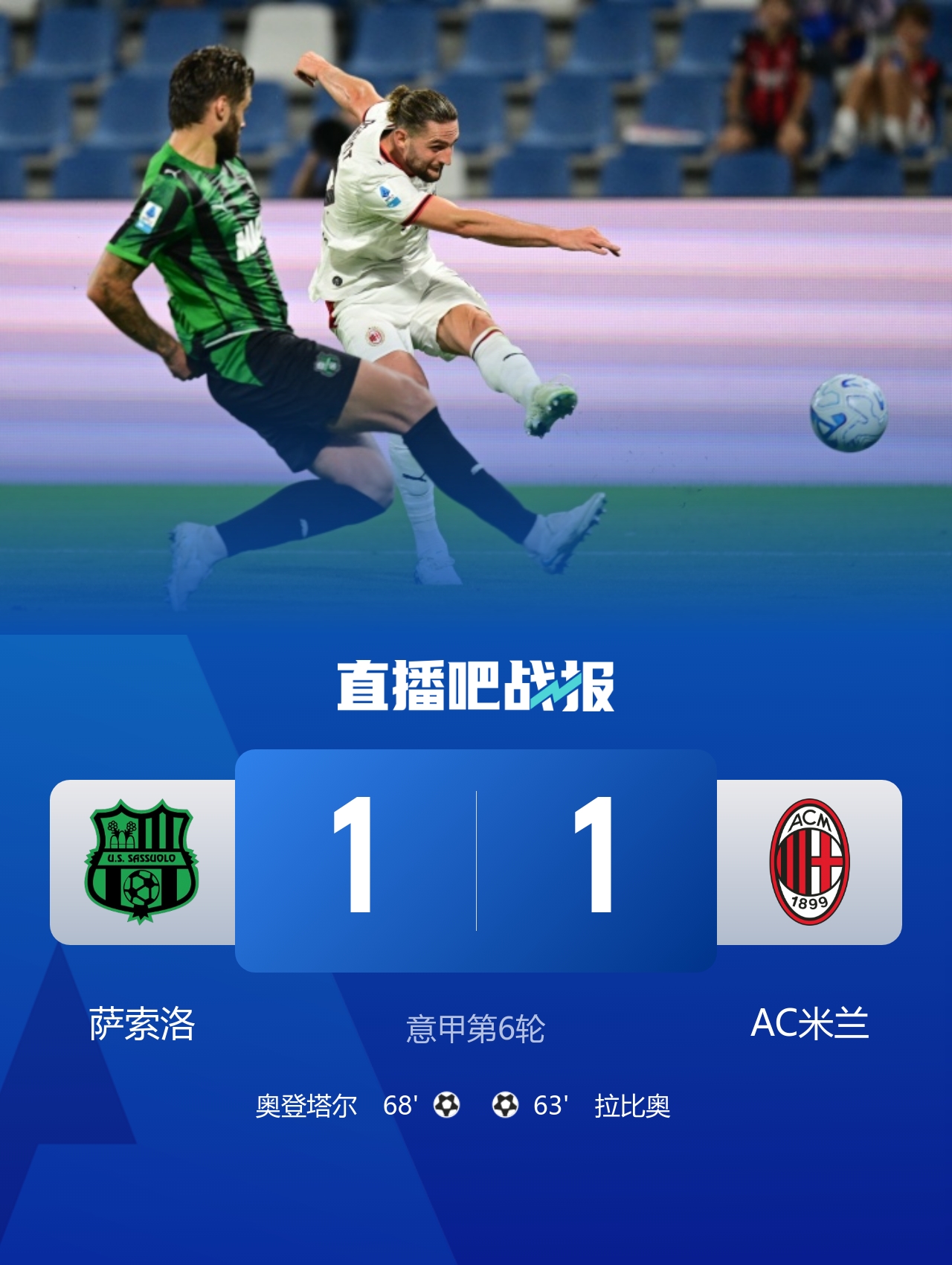 仍不败!AC米兰1-1萨索洛 拉比奥爆射破门 拉莫斯屡遭神扑封面