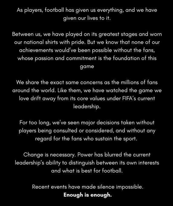 名宿声明：FIFA现任管理层治下的足球运动正在背离其核心价值观封面