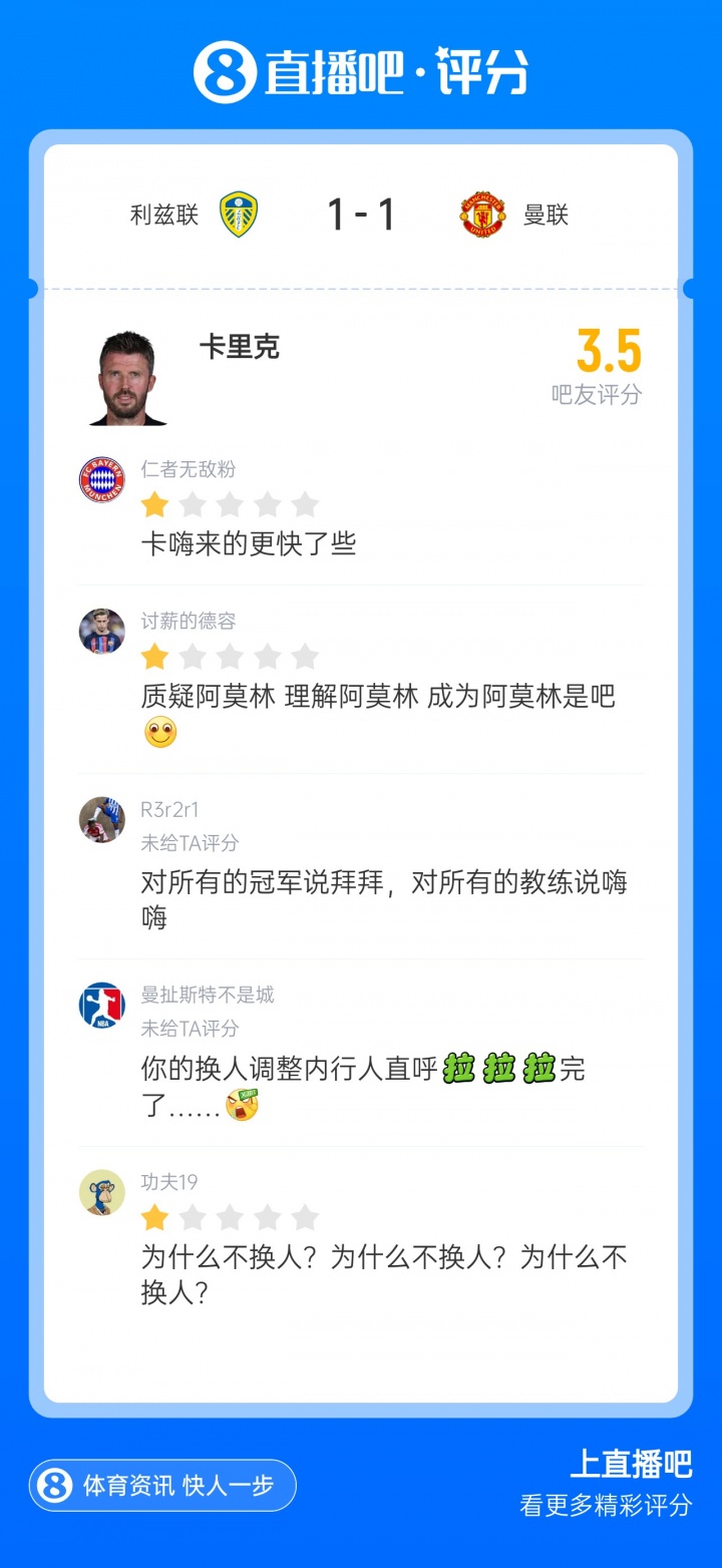 曼联6场不胜…卡里克连场被打超低分:和冠军说拜拜和教练说嗨嗨封面