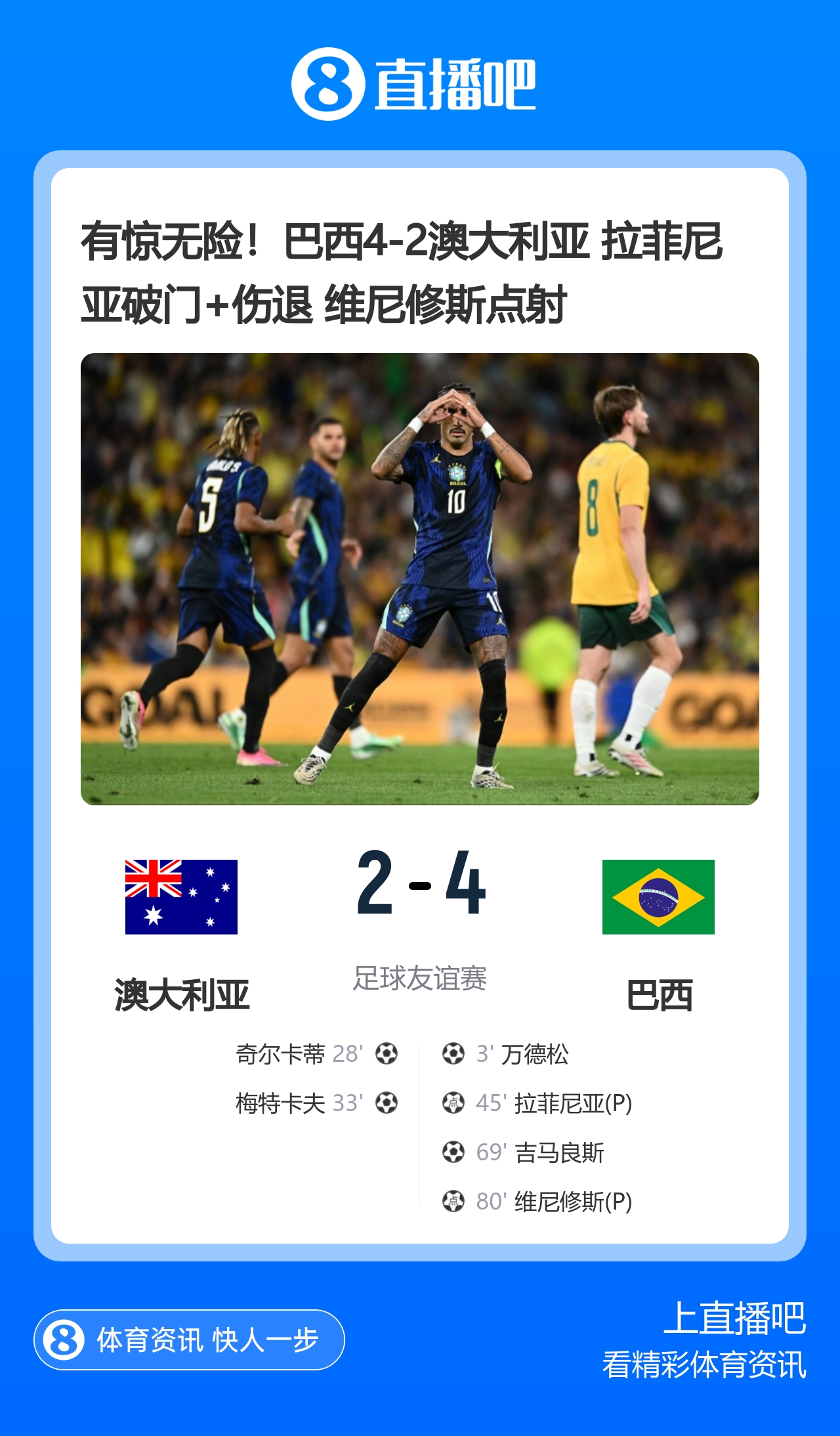 有惊无险!巴西4-2澳大利亚 拉菲尼亚破门+伤退 维尼修斯点射封面