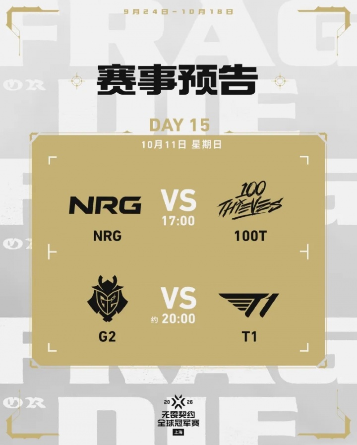 无畏契约全球冠军赛淘汰赛今日赛事预告：NRG vs 100T；G2 vs T1封面