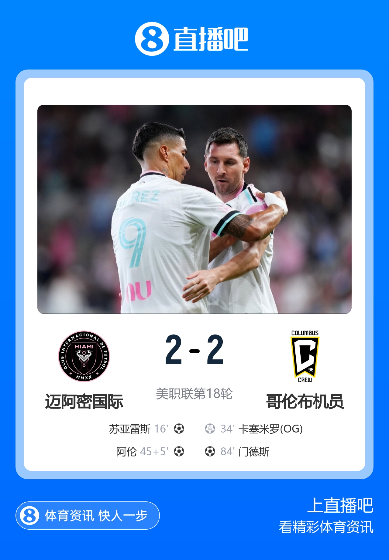 无缘七连胜!迈阿密2-2哥伦布 苏牙传射卡塞米罗乌龙梅西替补登场封面