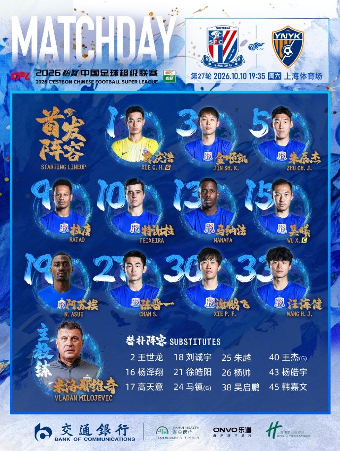 上海申花VS云南玉昆 首发名单 ​​​封面