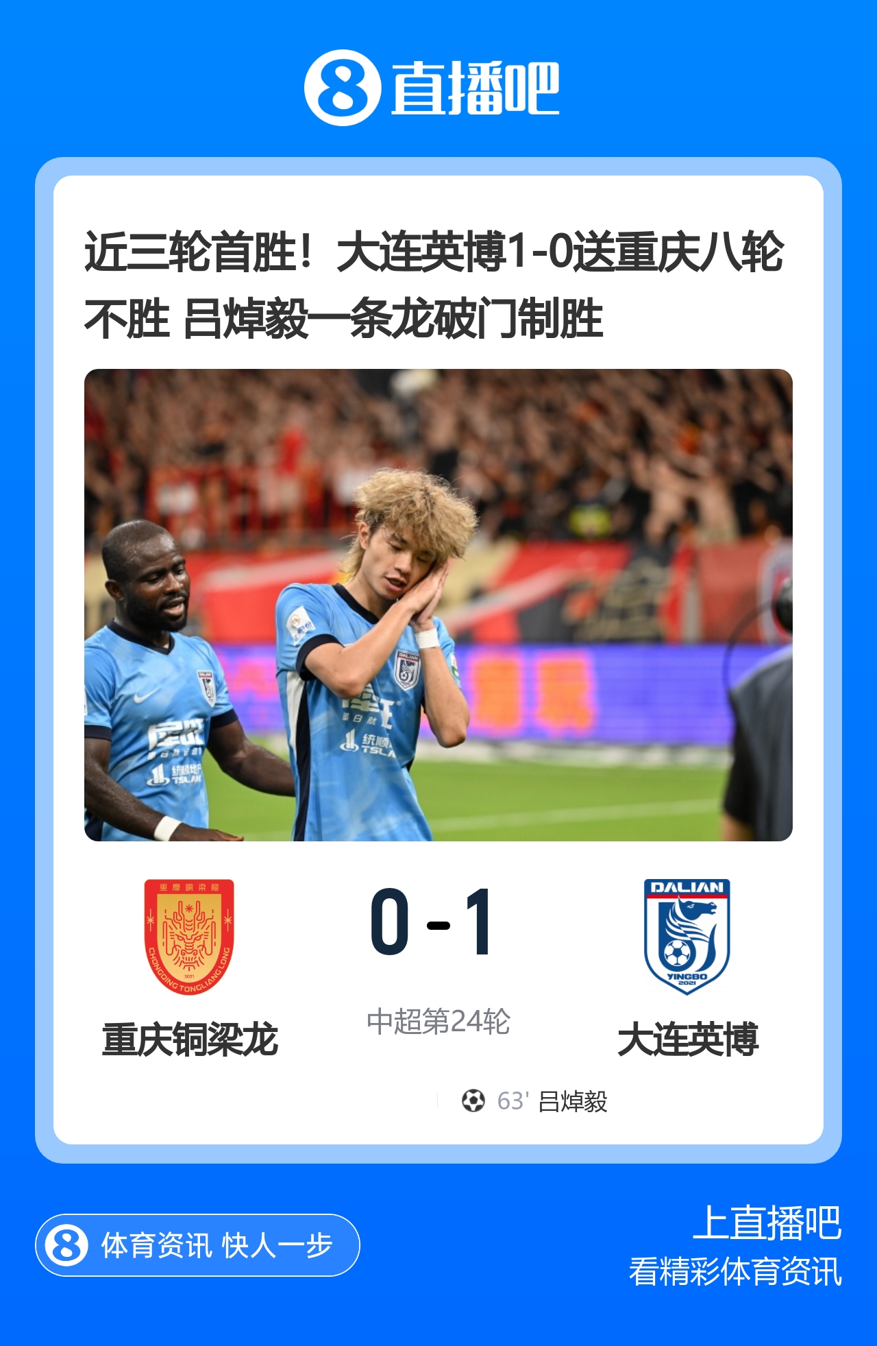 近三轮首胜!大连英博1-0送重庆八轮不胜 吕焯毅一条龙破门制胜封面