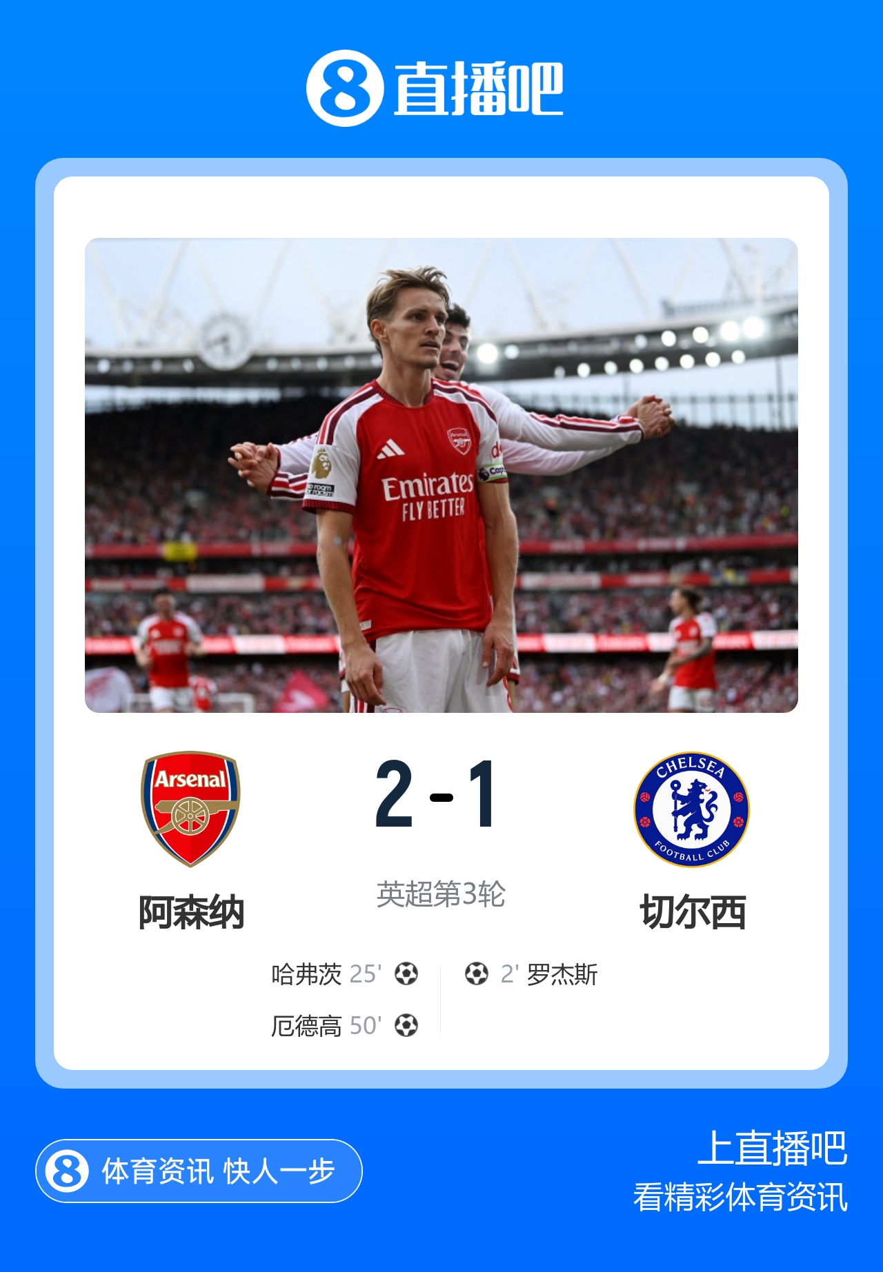 三连胜！阿森纳2-1逆转切尔西 罗杰斯闪击哈弗茨破门厄德高制胜封面