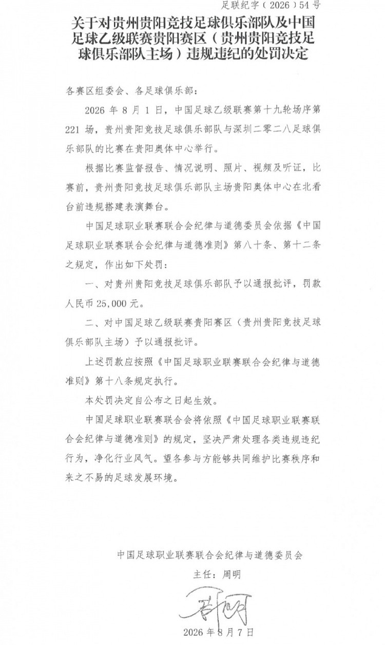 官方：贵州贵阳竞技俱乐部因违规搭建表演舞台，罚款25000元封面