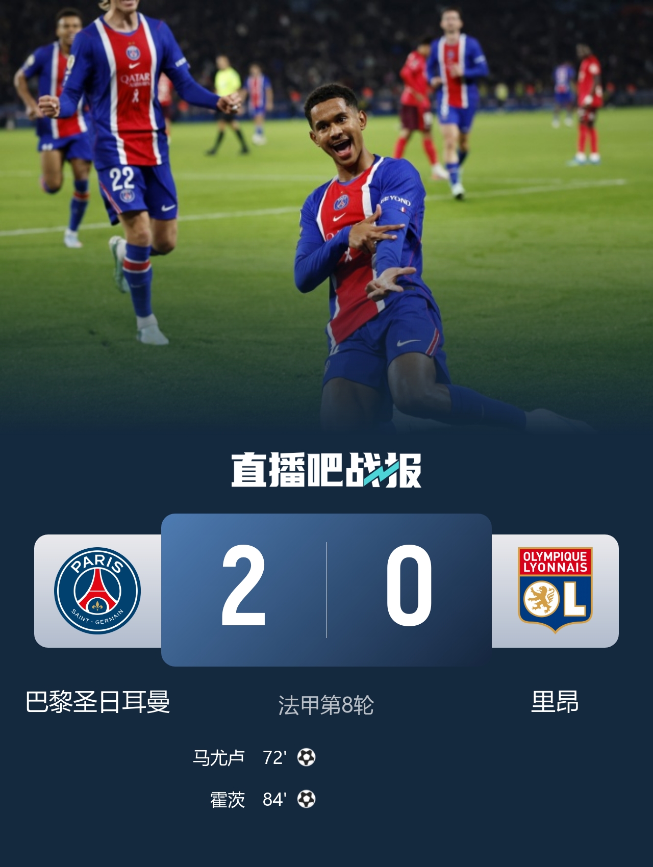 各赛事8连胜！巴黎2-0里昂升榜首 霍茨传射+处子球马尤卢赛季首球封面