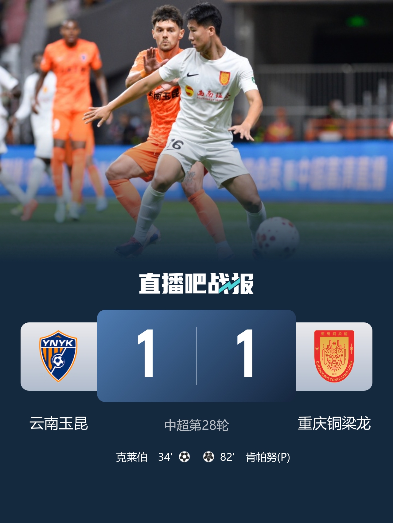 云南玉昆1-1战平重庆铜梁龙 卡约助攻克莱伯破门 肯帕努点射扳平封面